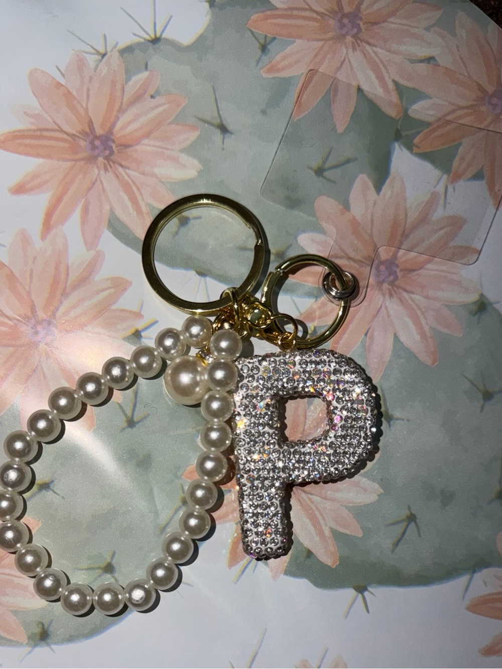 Initial P Rhinestone Phone Charm Pearl Wristlet Keychain